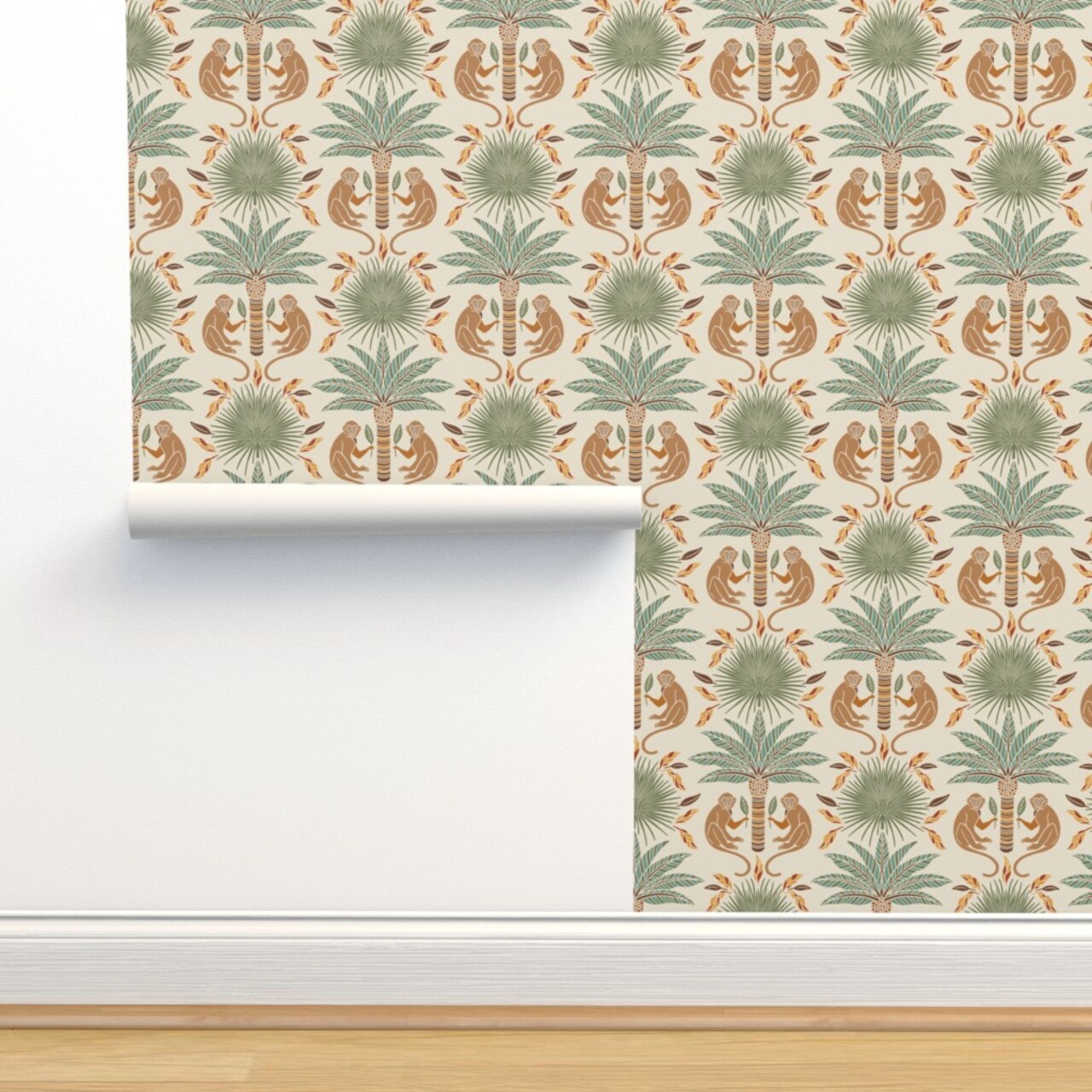Beige Art Deco Monkeys Safari Palm Trees Travel Boho Muted Neutrals Summer Animals Plants Large Scale Custom Removable Wallpaper by Spoonflower Peel & Stick Wallpaper 2FT Wide